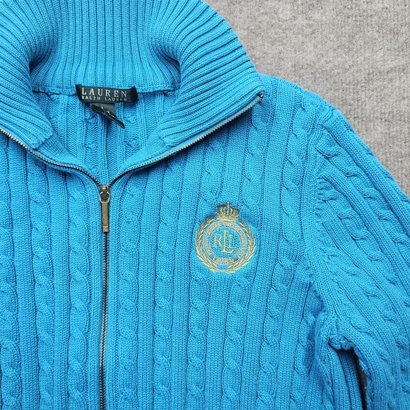 Lauren Ralph Lauren Cable Knit Full Zip Sweater L Blue RL Crest - Picture 4 of 16